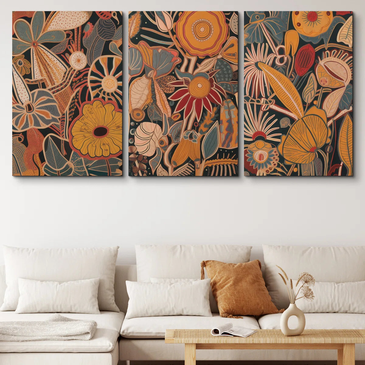 Abstract Botanical " Bold Bohemian Flower Artwork Above Sofa, Vintage Orange Brown Master Bedroom Wall Pictures, 3 Pieces Giclée Canvas Digital Print Framed Wall Art "