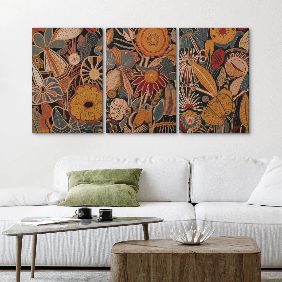 Abstract Botanical " Bold Bohemian Flower Artwork Above Sofa, Vintage Orange Brown Master Bedroom Wall Pictures, 3 Pieces Giclée Canvas Digital Print Framed Wall Art "