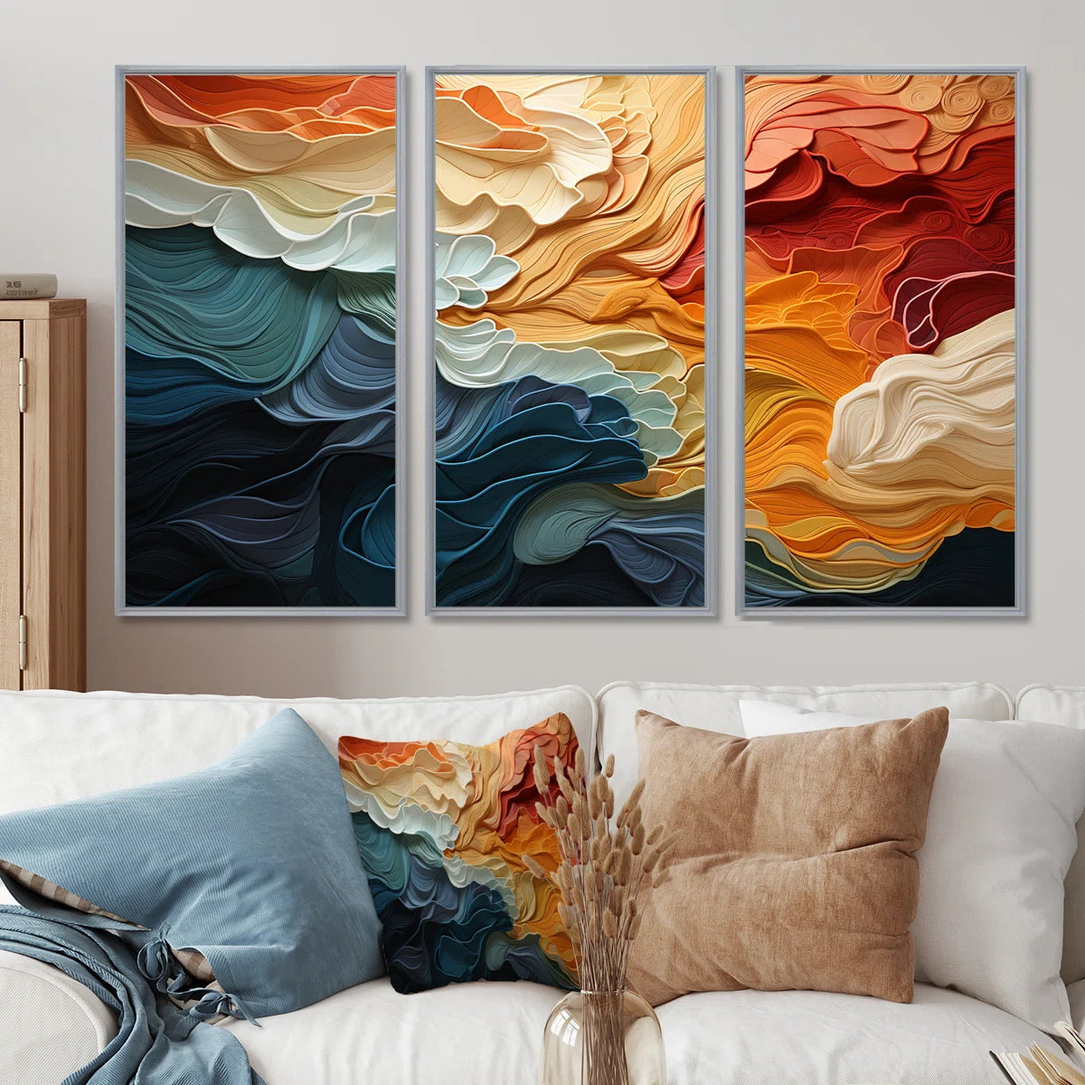 Biomorphism Organic Forms V - Landscape Modern Art Neutral Framed Canvas 3 Pieces Wall Art Print