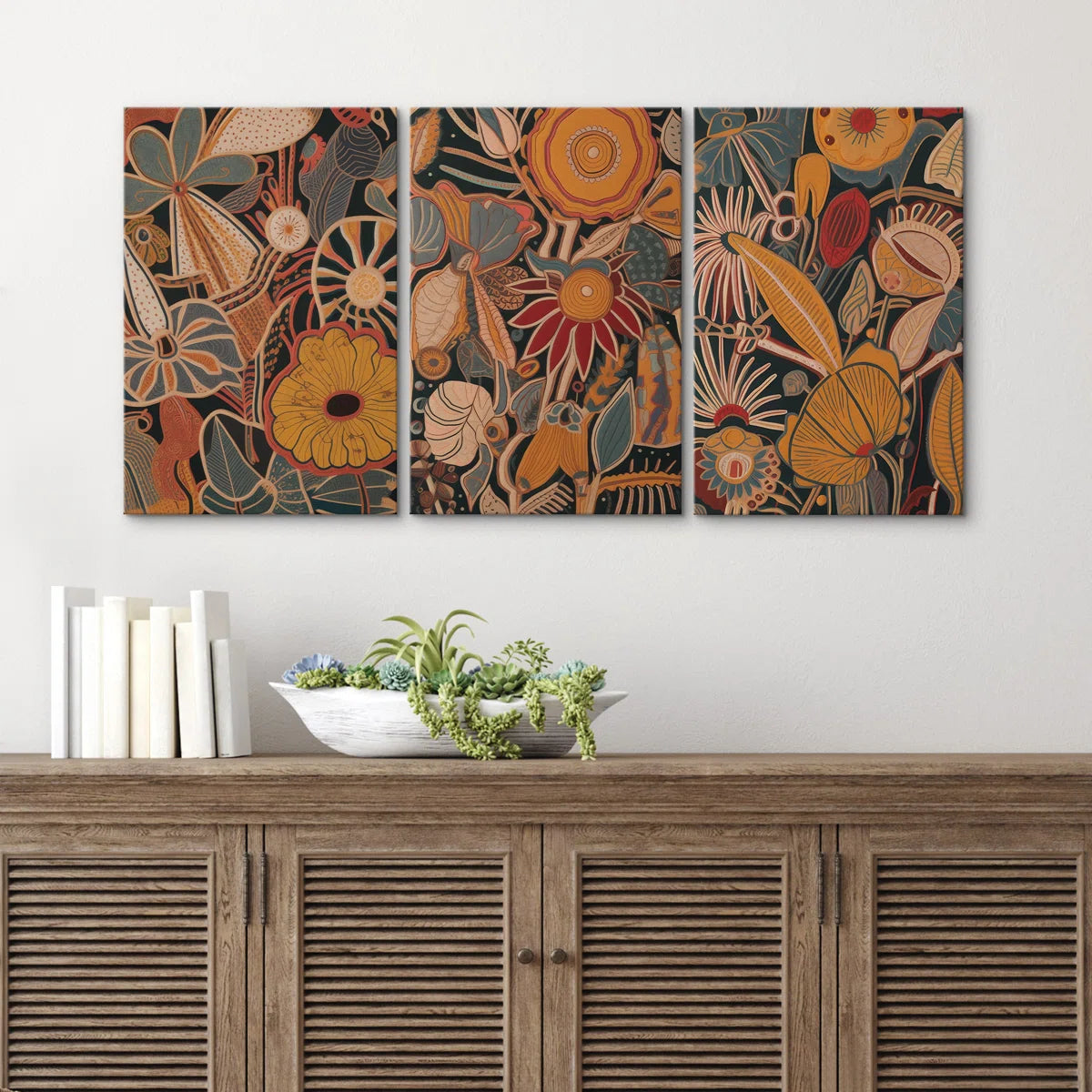 Abstract Botanical " Bold Bohemian Flower Artwork Above Sofa, Vintage Orange Brown Master Bedroom Wall Pictures, 3 Pieces Giclée Canvas Digital Print Framed Wall Art "