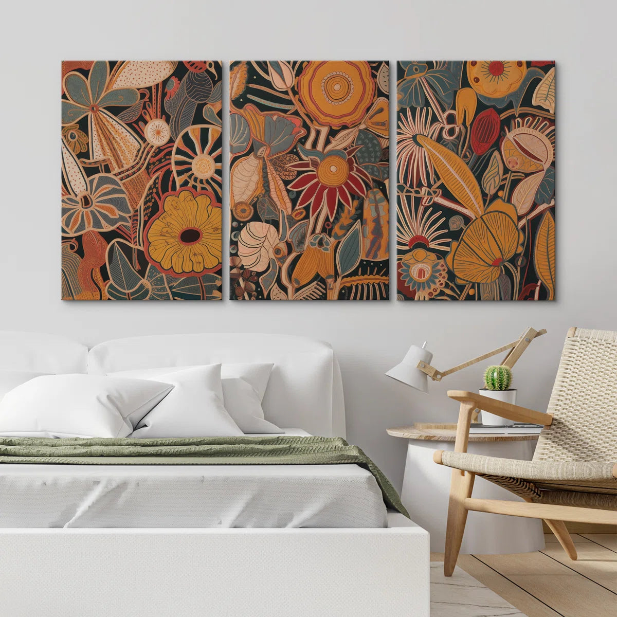 Abstract Botanical " Bold Bohemian Flower Artwork Above Sofa, Vintage Orange Brown Master Bedroom Wall Pictures, 3 Pieces Giclée Canvas Digital Print Framed Wall Art "